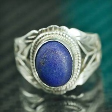 Size 8, vintage sterling silver 925 filigree band ring with blue onyx