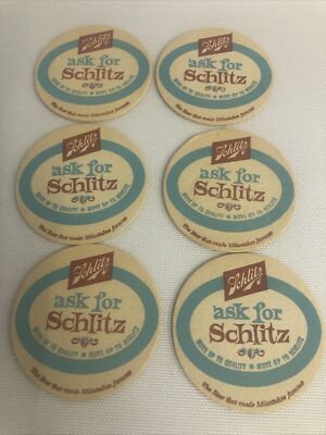 Schlitz Beer Coaster 1959 Ask For Schmitz 2 Sided 6 Piece Set Lot Bar Cart Wisco