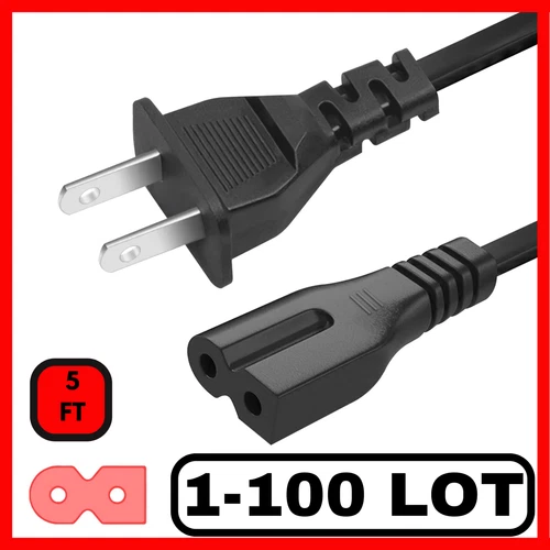Lot of 1-100 2 Prong AC Polarized Power Cord 125v Cable C7P Connector - 5Ft