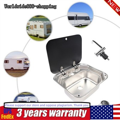 RV Caravan Camper Single Bowl Stainless Steel Kitchen Basin Sink w/ Lid &Faucet