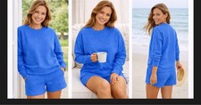 Royal Blue Textured Sweatshirt Shorts Set Women