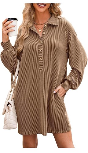 AlvaQ Womens Long Sleeve Dress Loose Button Front Lapel Collared Ribbed - Picture 1 of 3