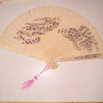 Chinese Folding Fan Great Wall Design Handmade with Pink Tassel Collectible