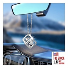 Bling Car Rear View Mirror Charms, Sparkling Rhinestone Automotive Cube White
