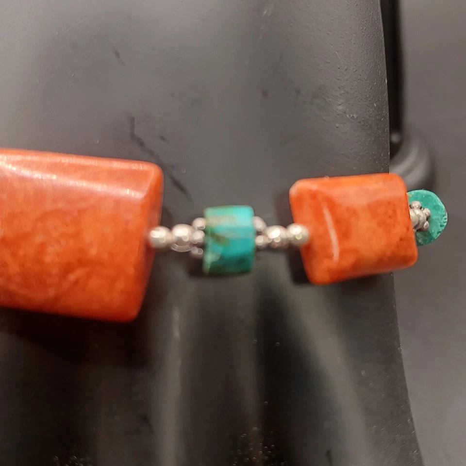 925 Sterling Silver Beaded Gemstone Bracelet Coral / Turquoise 8" - Image 3 of 4