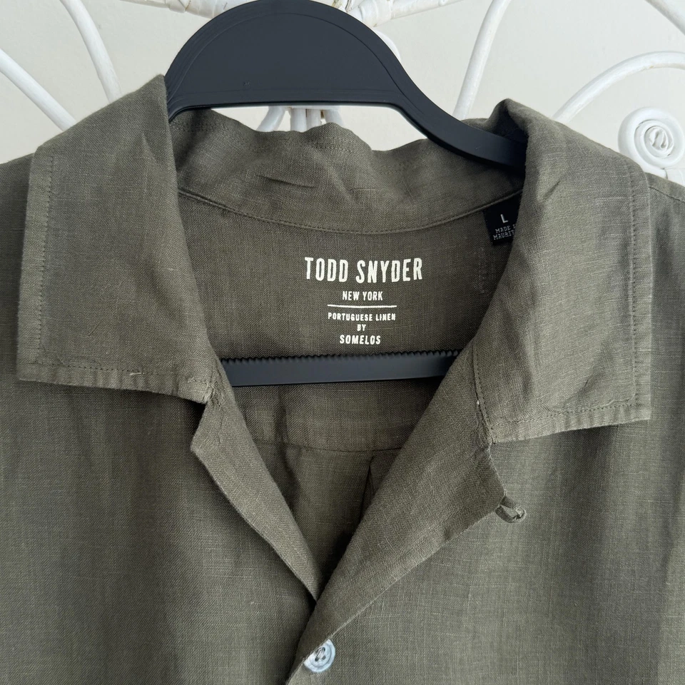 Todd Snyder Shirt Men Large Olive Portuguese Linen Camp Loop Collar Short Sleeve - Image 3 of 4
