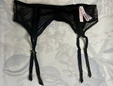 NWT- Victoria's Secret Luxe Lingerie Black PolkaDot Garter Belt-Fits Med  Large