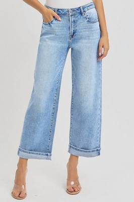 Risen High Rise Ankle Boyfriend Cuffed Jeans Light Wash