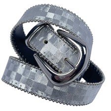 VTG Elite USA Silver Metallic Checkered Belt Disco Y2K Geometric Sz Small Punk