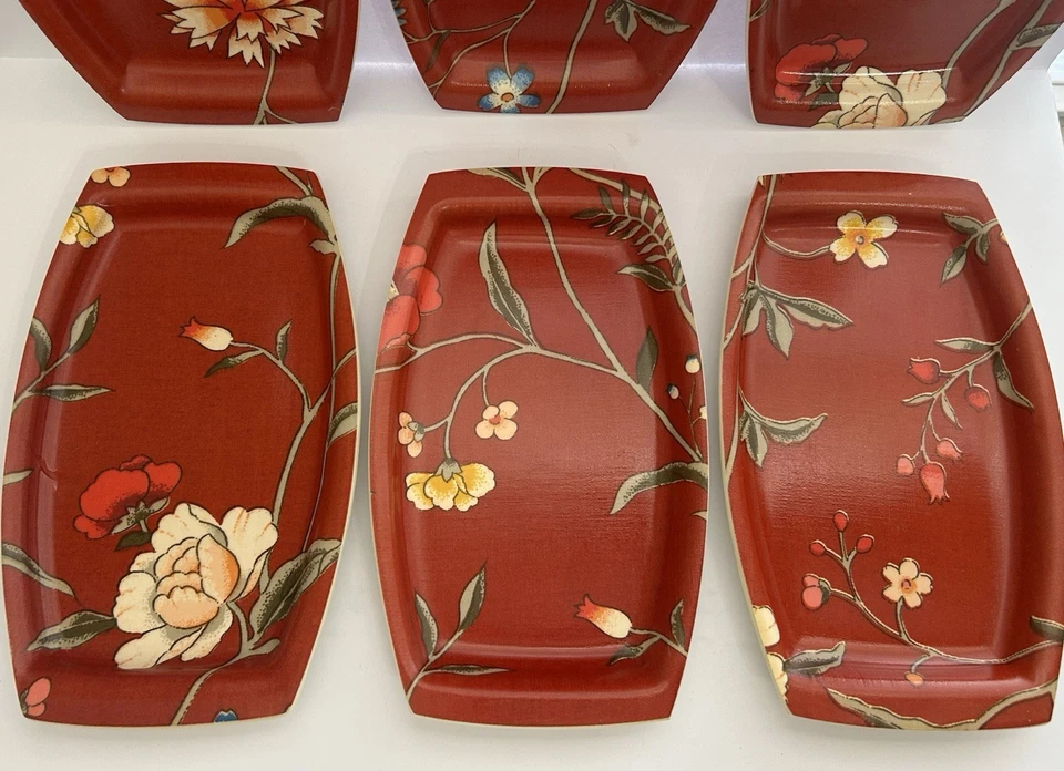 6 Deep Red Floral Plastic Match Mates Intl. Laminations Plates Boho Oriental - Image 2 of 4