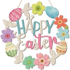 Vintage Happy Easter Eggs Decorations Sign, Wood Wreath for Front Door Porch W
