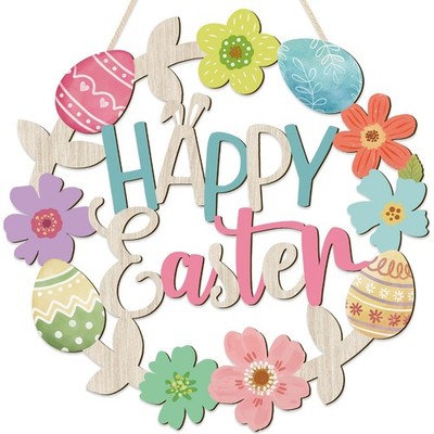 Vintage Happy Easter Eggs Decorations Sign, Wood Wreath for Front Door Porch W 