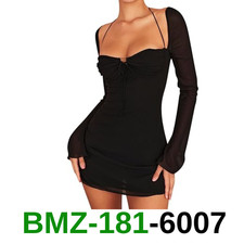 Zebaexf Women's Mesh Dress Long Puff Sleeve Mini Bodycon Party Clubwear, L
