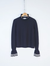 Other Stories Ruffle Neck Knit Jumper Navy Size M Cotton/Wool Blend