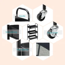 3 Tier Rolling Cart Metal File Art Wheels Storage Shelf Organizer Bathroom Black