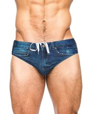 Men's Swimsuit Briefs Denim Print Swim Brief with Drawstring Waist Navy Blue L