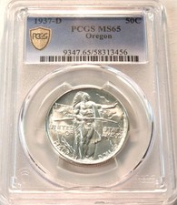 1937 D 50C PCGS MS 65 Oregon Trail Commemorative Silver Half Dollar GEM UNC Coin