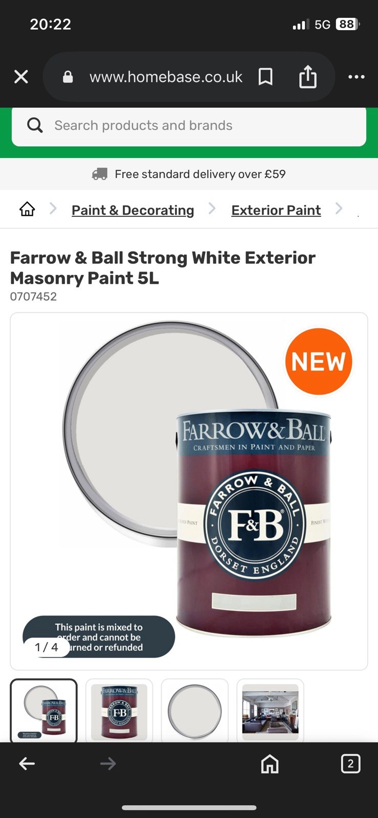 Farrow & Ball Strong White Interior Masonry Paint 5L