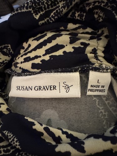 Susan Graver Womens Top Liquid Knit Ruched Turtleneck Large Blue Paisley Stretch - Picture 3 of 7