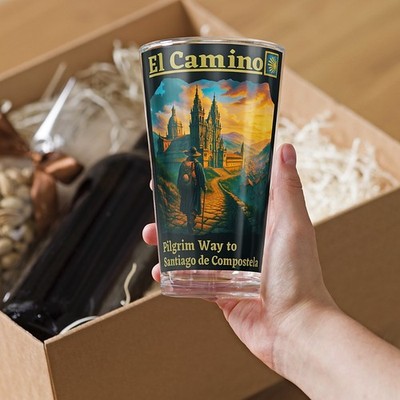 Premium Unique Pint Glass 16oz EL CAMINO Pilgram Way to Santiago de Compostela