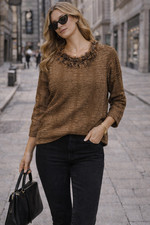 Nancy Bolen City Girl Brown Animal Print Fringe Neck Top Chic