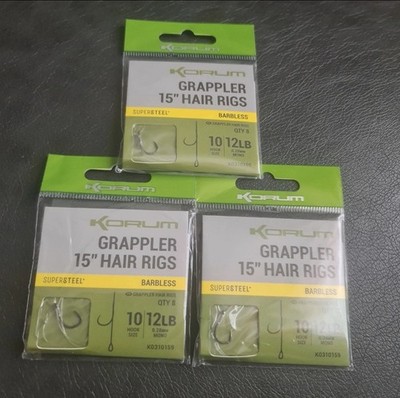 Korum Grappler Hair Rigs - Größe 10 Barbless 12lb Line 15'' Long - 24 Rigs