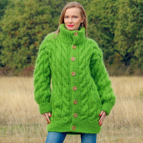 Green mohair cardigan fuzzy cable knit 