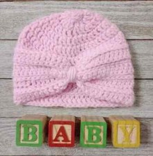 handmade crochet baby hat beanie turban 0/3 months pastel pink new
