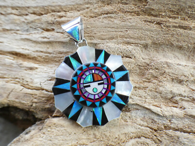 Zuni Sun God Micro Inlay Turquoise Gemstone Sterling Silver 925 Pendant AM71