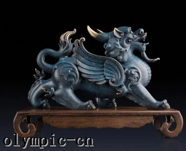 чистая латунь ручная роспись резной китайский дракон зверь Kylin статуя  - Изображение 2 из 4