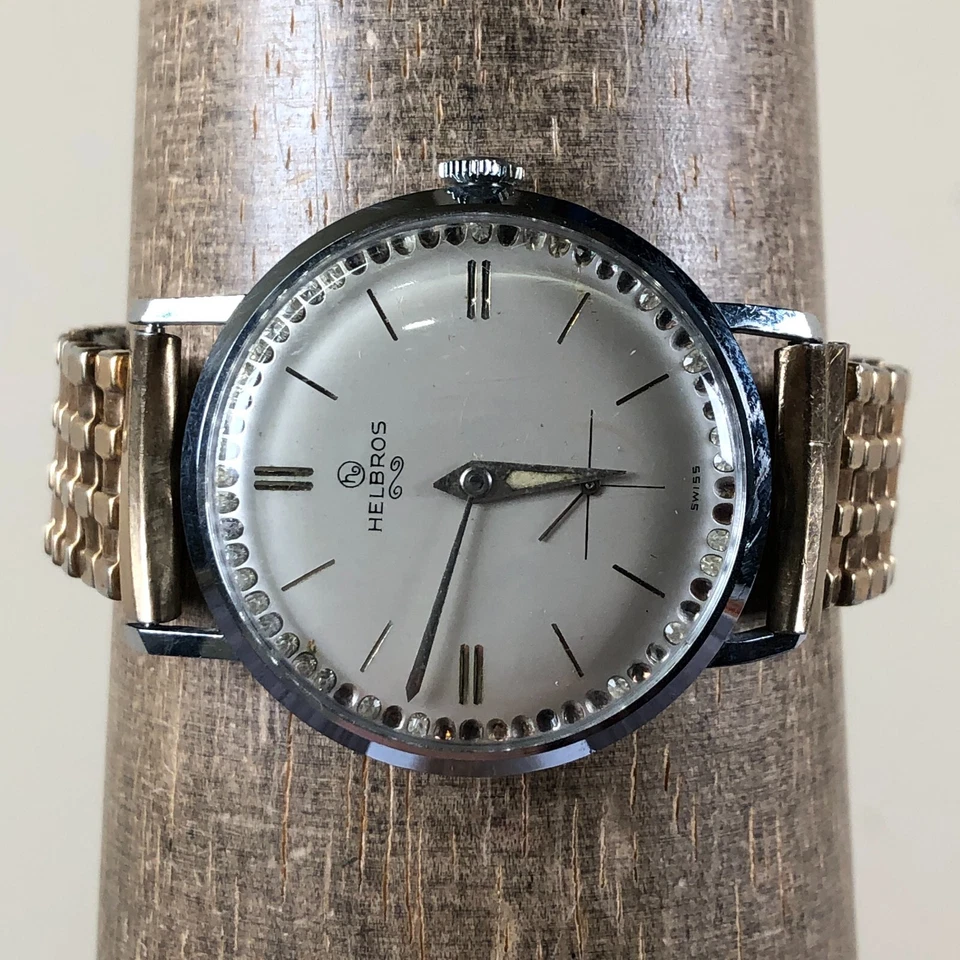 Reloj Helbros Vintage Hombre Vestido Oro Banda Expansión Cuerda Mecánica 32mm 6 1/2" Foto 2 de 4