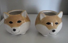 TWO Corgi Mini Planter Candle Holder  Ceramic Hand Painted Dog Lover Decoration