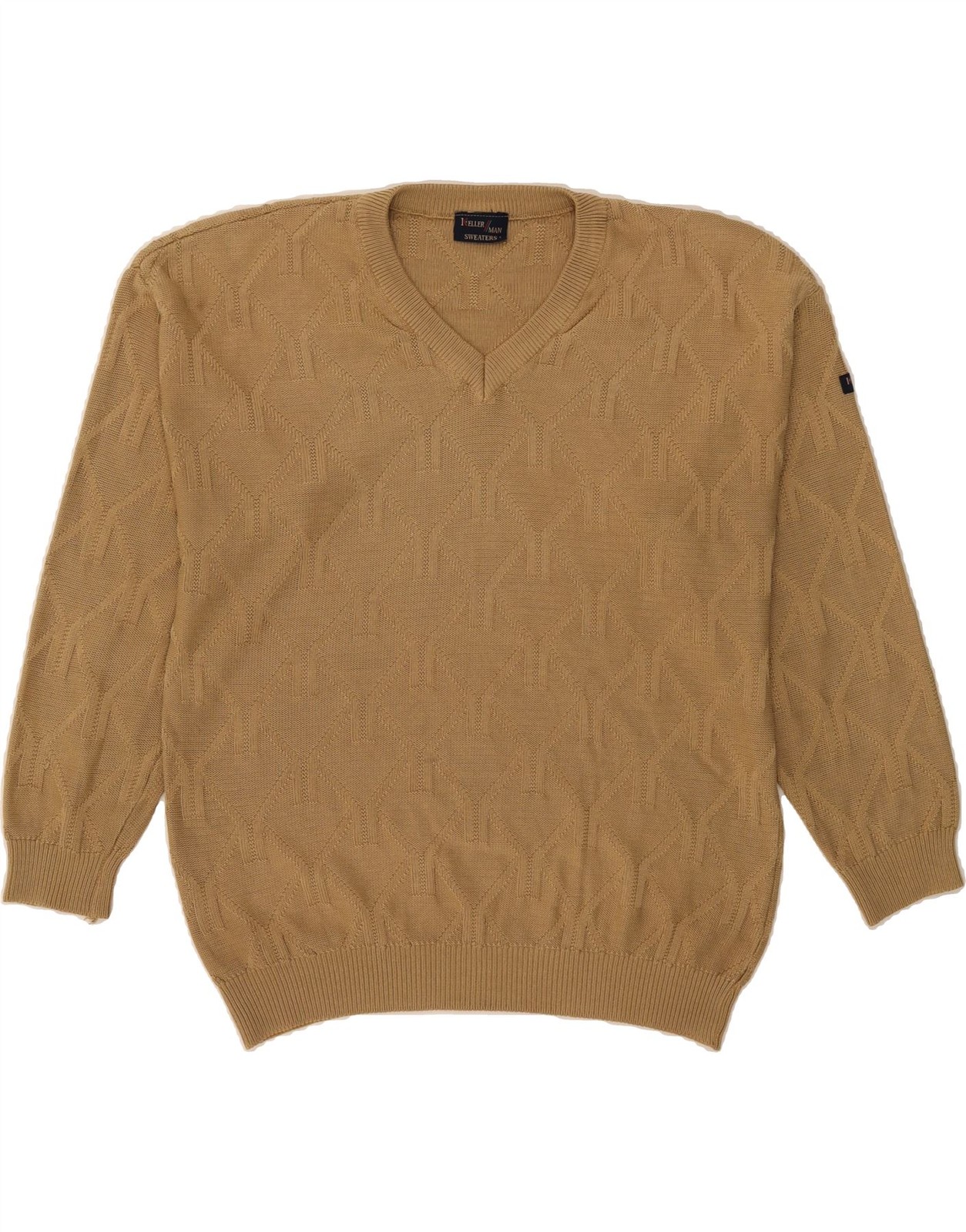 KELLERMAN Mens V-Neck Jumper Sweater Large Beige Cotton Classic DL80
