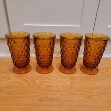 Indiana Whitehall Colony Cube Amber Footed Tea Glasses 6" Set of 4 