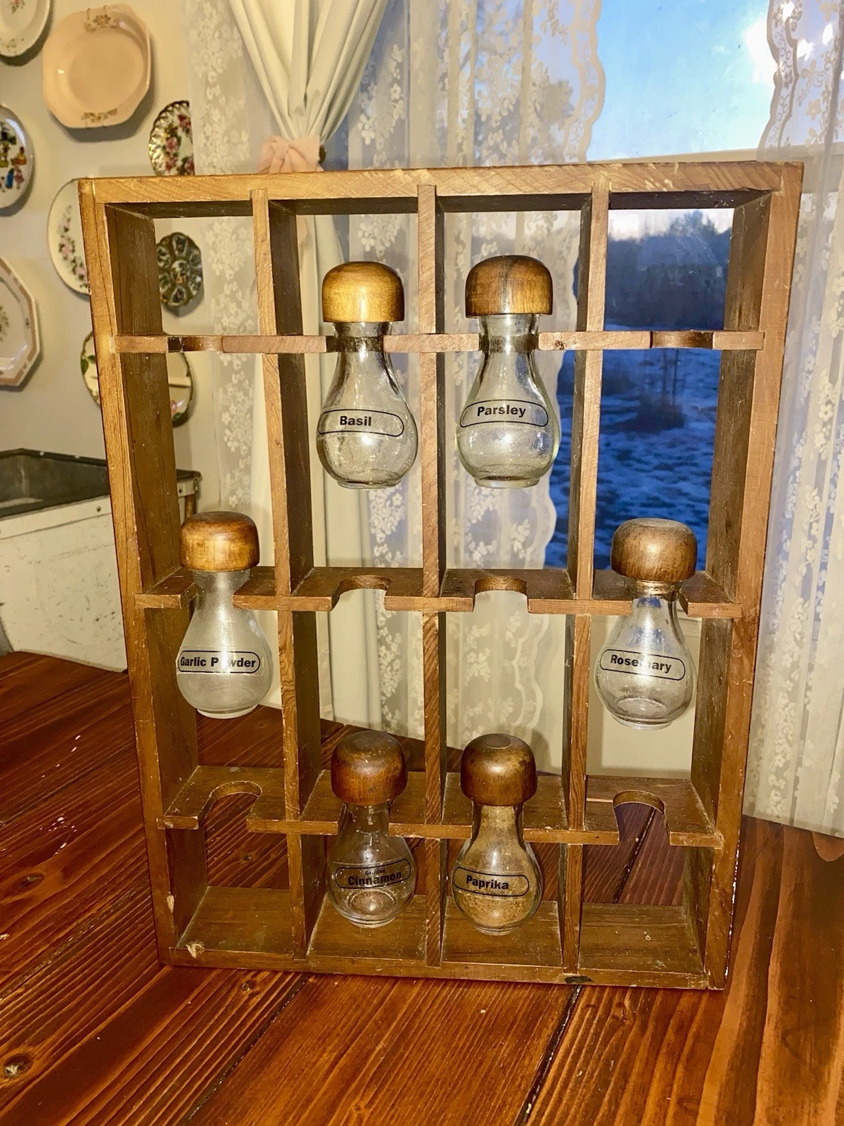 Vintage MCM Wood Spice Rack Hanging 6 Tear Drop Mushroom Glass Jar Mid Century