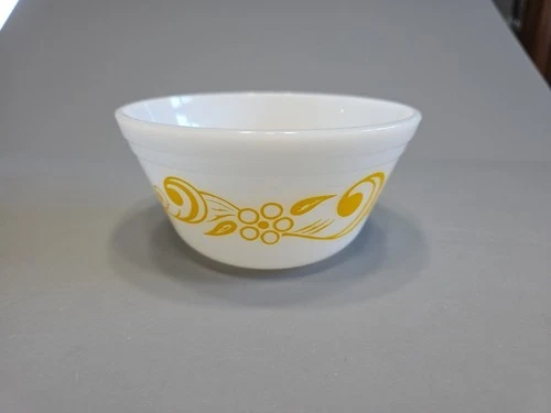 Vtg Federal Milk Glass Oven Ware Nesting Mixing Bowl Yellow Scroll Flowers 6"