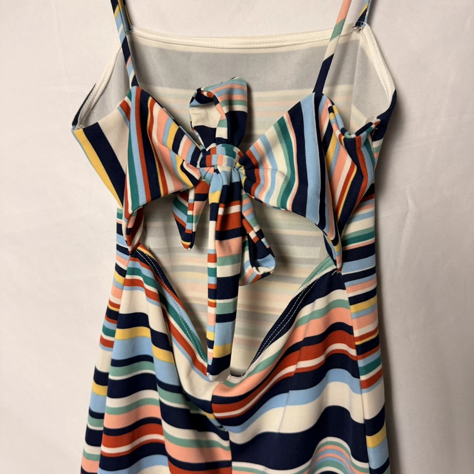 Mini vestido retrô azul marinho vermelho rosa listra arco-íris Bodycon recorte amarrar atrás M - Imagem 2 de 4