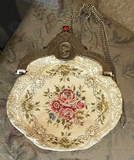 VINTAGE DECO FLORAL "CARPETBAGS OF AMERICA" FLORAL TAPESTRY PURSE - SATIN LINED