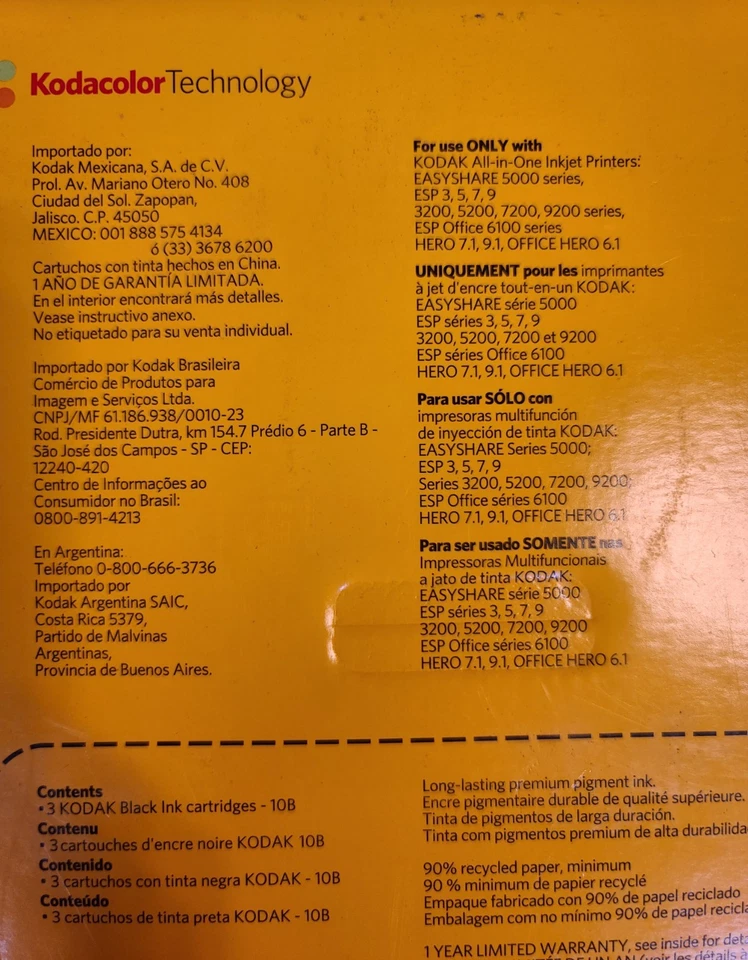Paquete triple tinta negra Kodak 10B - 3 × 425 páginas caja sellada sin abrir  Foto 3 de 4