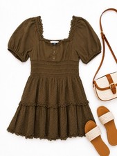 American Eagle Women’s Olive Green Smocked Puff Sleeve Babydoll Mini Dress M