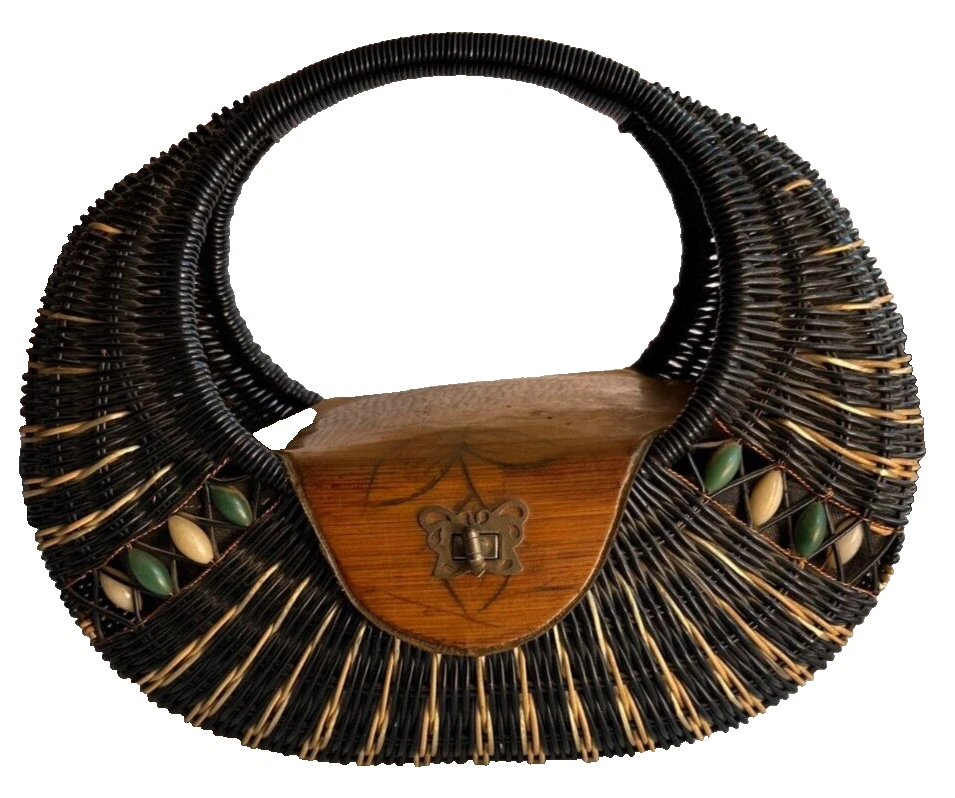 Wicker Woven Basket Telephone Purse Hard Shell Wood Beads Burned Butterfly 1970s - Image 2 of 4