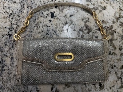 JIMMY CHOO Glitter Metallic Silver Fabric Gold Trim Tilsa Shoulder Clutch