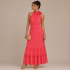Chetta B Coral Pink High Neck Maxi Dress Tiered Ruffle Bow Detail Womens 10