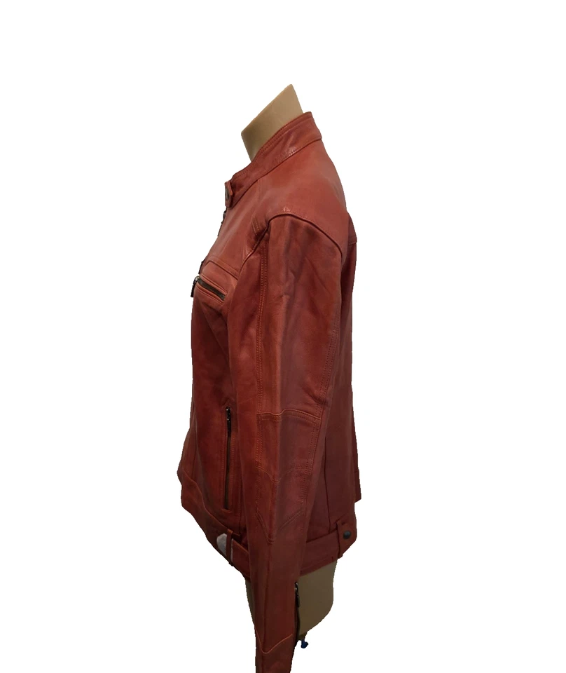 Chaqueta Moto D DOLLY LAMB Cuero Marrón con Cuello Bandado - Extra Grande - Nueva Foto 2 de 4