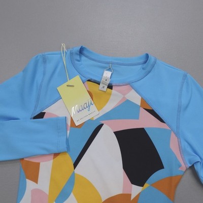 Maaji Rashguard Shirt Long Sleeve Swim Blue Stretch Slim Geometric Rib Texture