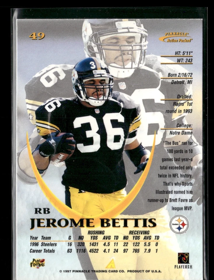 1997 Action Packed #49 Jerome Bettis Pittsburgh Steelers - Image 2 of 2