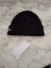 Lacoste bonnet  laine tricot noir à revers taille unique logo crocodile