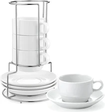 4 Oz Espresso Cups with Saucers and Metal Stand, Porcelain Stackable Coffee