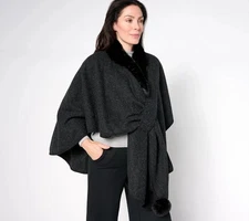 Belle by Kim Gravel Faux Fur Trim Pull Through Ruana- PLUS Black One Size New