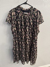 Loft Black, Pink and Gold Floral Short Sleeve Dress - Size Large